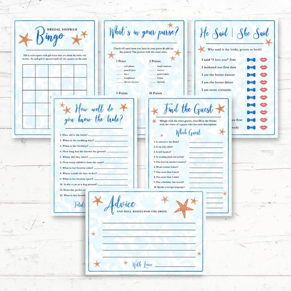 Beach Bridal Shower Printable Games Package 6 Games | Etsy