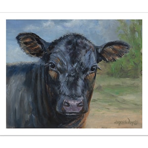 Láminas de novilla negra - Arte mural de granja - Retrato de animal - Decoración de granja - Láminas de novilla negra - Láminas giclée de ganado - Lámina de ternero