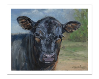 Angus Heifer Giclée Print: Black Calf Portrait, Farmhouse Wall Art