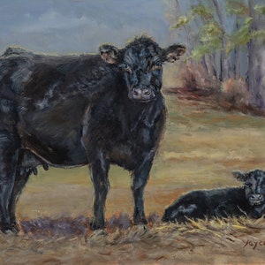 a giclee cow art print- cattle art- calf art- cattle art print- cattle painting- black cow print,-black calf print, cow print, Giclee print