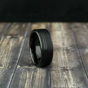 Men’s Tungsten Carbide Wedding Band, Brushed Black 8mm, Polished Black Double offset Groove Inlay, Pipe Cut Comfort Fit