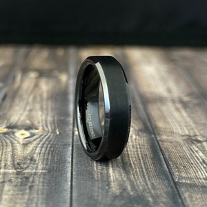 Mens 6mm Tungsten Ring | Brushed Black Band | Bevel | Comfort fit | Wedding Ring