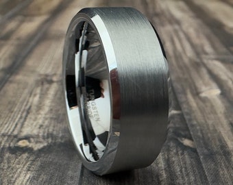 Mens Brushed Silver Tungsten Ring - 8mm Matte Gray Band, Wedding Engagement Anniversary