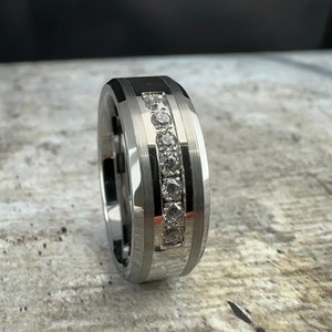 Mens Silver Tungsten Wedding Band, Brushed Silver diamond Inlay, 7 Channel Set White Diamonds, 8mm ring