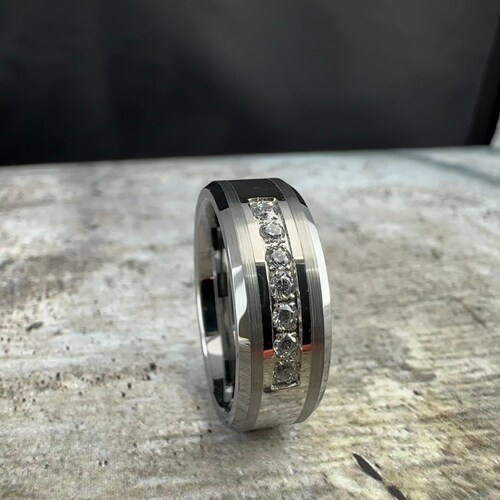 Mens Brushed Silver Tungsten Wedding Band: Diamond Inlay, 8mm Comfort Fit