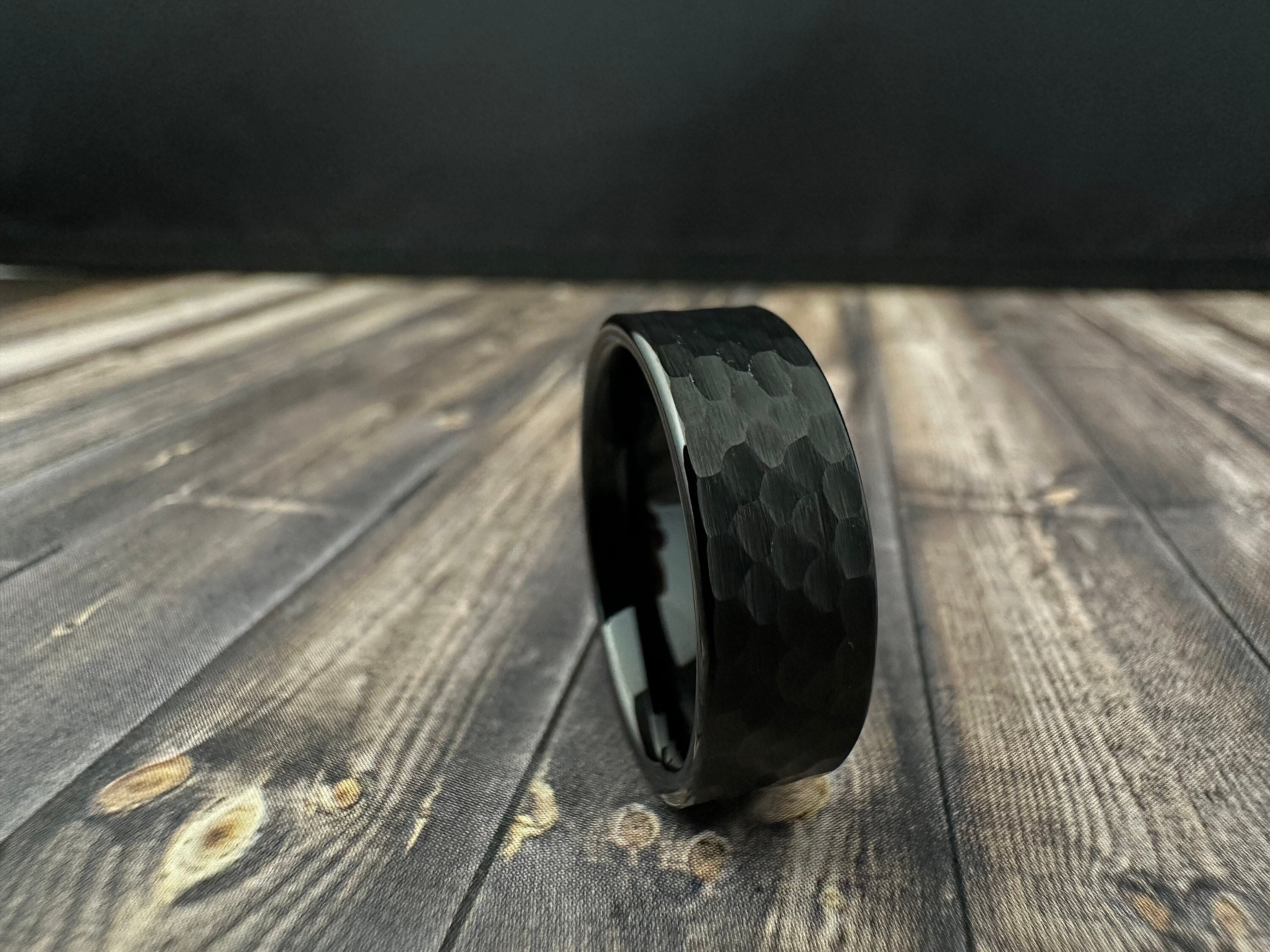 Men's 8mm Brushed Black Pipe Cut, Hammered Finish Tungsten Ring