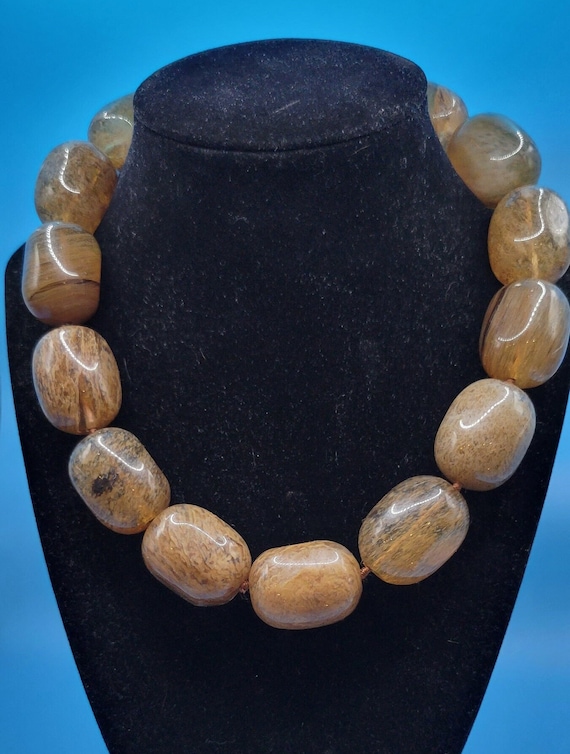 Vintage Tan Brown Striated Agate Beaded Necklace