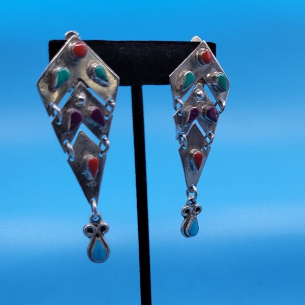 Sterling Silver Earrings with Turquoise,  Amethyst, and Red Coral