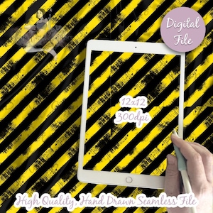 May include: A digital seamless pattern featuring black and yellow diagonal stripes with a distressed, grunge effect. The pattern is 12x12 inches and 300 dpi.
