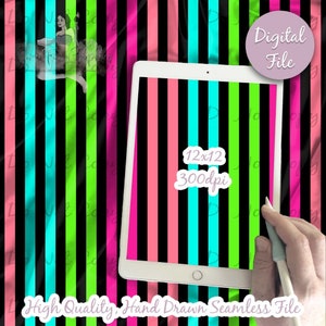 May include: A digital seamless pattern with vertical stripes in black, pink, turquoise, and lime green. The pattern is 12 inches by 12 inches and 300 dpi.