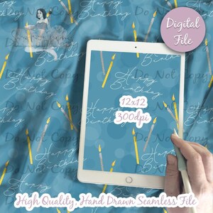 May include: A digital seamless pattern featuring a blue background with white circles, gold candles, and the text "Happy Birthday" repeated throughout. The pattern is 12 inches by 12 inches and 300 dpi.