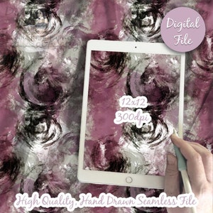 May include: A digital file of a seamless pattern with swirling black and gray brushstrokes on a pink background. The pattern is 12x12 inches and 300 dpi. The text "Digital File" is in the upper right corner of the image.