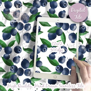 Blueberries Digital Paper, Seamless Blue Berry Pattern, Fruit Fabric Download, Watercolor Food, Digital Printable Scrapbook paper