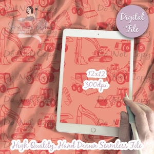 Construction Trucks Digital Paper - Seamless Tractor Pattern, Caution, dump truck, back hoe, dig Fabric, Printable Scrapbook paper download