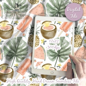 Puede incluir: Un patrón digital sin costuras que presenta una ilustración de acuarela de frutas tropicales, hojas y bebidas. El patrón incluye piñas, rodajas de sandía, cocos, paletas de hielo y hojas de palma. El patrón mide 12 pulgadas por 12 pulgadas y 300 dpi.