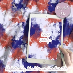 May include: A seamless digital paper pattern featuring a red, white, and blue abstract design. The pattern is hand-drawn and has a watercolor effect. The pattern is 12 inches by 12 inches and 300 dpi.