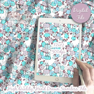 Bold Blue Floral Seamless Digital Paper Pattern, Fabric Design or printable scrapbook paper, flower background