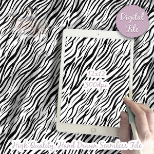 May include: A digital file of a seamless black and white zebra print pattern. The pattern is 12x12 inches and 300 dpi. The text "High Quality Hand Drawn Seamless File" is at the bottom of the image.