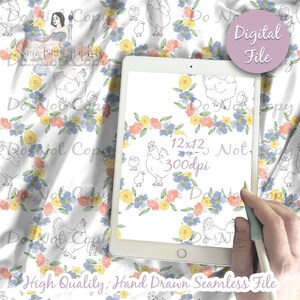Chicken Wreath Seamless Pattern, Floral chickens farm animal eggs, Sketchy Easter chicks digital printable scrapbook paper instant download