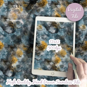 May include: A digital seamless pattern featuring abstract watercolor-style shapes in shades of blue, gray, and yellow. The pattern is displayed on a tablet screen with the text "12x12 300dpi" and "Digital File" visible. The text "High Quality, Hand Drawn Seamless File" is also visible below the tablet.