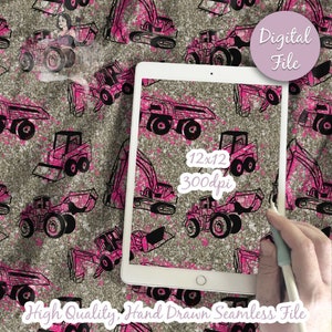 Glitter Construction Trucks Digital Paper - Seamless Tractor Pattern, Caution dump truck, back hoe, pink Printable Scrapbook paper download