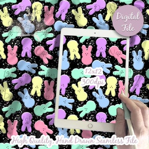 Peut inclure: Un motif numérique sans couture représentant des bonbons Peeps de couleur pastel sur un fond noir avec des paillettes blanches. Le motif mesure 12x12 pouces et 300 dpi. Le texte "Fichier numérique" est dans une boîte rose dans le coin supérieur droit de l'image.