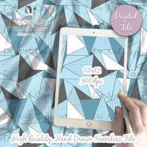May include: A seamless pattern featuring geometric shapes in shades of blue, grey, and white. The pattern is set against a light blue grid background. The pattern is 12 inches by 12 inches and 300 dpi.