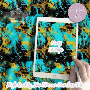 May include: Seamless digital paper pattern with abstract brushstrokes in turquoise, black, and gold. The pattern is 12x12 inches and 300 dpi.