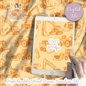 Construction Trucks Digital Paper - Seamless Tractor Pattern, Caution, dump truck, back hoe, dig Fabric, Printable Scrapbook paper download