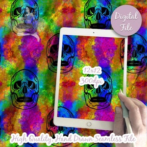 Seamless Skulls, Neon Skull PNG, Skull Digital Paper, Rainbow Skull Fabric, Halloween Seamless Pattern, Skull Digital Download, Tileable