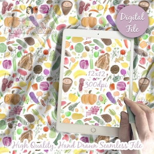 Watercolor Food Digital Paper, Seamless Food Pattern, Summer Watercolor Fabric Download, Digital Printable Scrapbook paper rainbow design