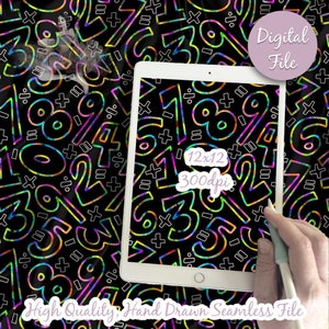 May include: A seamless digital paper pattern featuring a black background with colorful hand-drawn numbers, plus, minus, divide, and equal signs. The pattern is 12x12 inches and 300dpi.