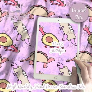 Puede incluir: Un patrón digital sin costuras con fondo rosa y un patrón repetido de dinosaurios con disfraces de aguacate y taco. El texto "12x12 300dpi" es visible en la imagen. El texto "Do Not Copy" se repite en toda la imagen.
