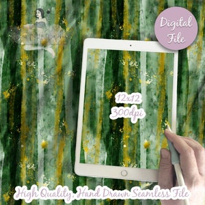 May include: Seamless digital paper pattern with vertical green and gold watercolor stripes. The pattern is 12x12 inches and 300 dpi.  The pattern is displayed on a tablet screen.