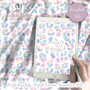 May include: A digital file of a seamless pattern featuring pastel-coloured watercolour leopard spots on a white background. The pattern is 12 inches by 12 inches and 300 dpi.