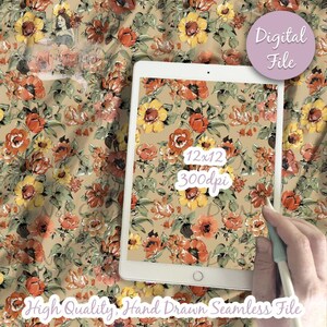 Puede incluir: Un patrón digital sin costuras que presenta un diseño floral dibujado a mano con flores rojas, naranjas, amarillas y verdes sobre un fondo beige. El patrón es de 12x12 pulgadas y 300dpi.