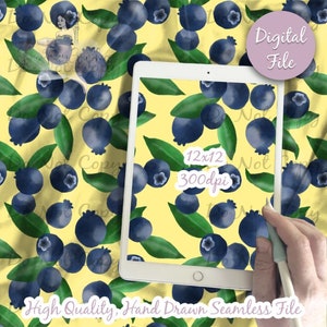 Blueberries Digital Paper, Seamless Blue Berry Pattern, Fruit Fabric Download, Watercolor Food, Digital Printable Scrapbook paper
