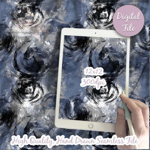 May include: A seamless digital paper pattern with swirling black and gray brushstrokes on a blue background. The pattern is 12x12 inches and 300 dpi.  The text "Digital File" is in the upper right corner of the image.