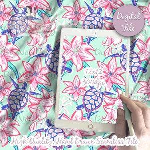 Sea Turtle Seamless Pattern, floral turtles animal digital printable scrapbook paper instant download