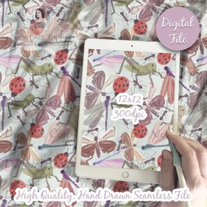 May include: A seamless pattern featuring a variety of insects, including ladybugs, butterflies, dragonflies, and ants. The pattern is set on a light blue background and is perfect for use in digital projects.