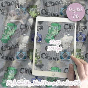 May include: A seamless pattern featuring cartoon trains with smoke and the words "Choo Choo" and "Chuga Chuga" on a gray background.