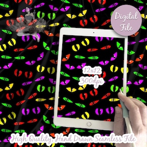 May include: A seamless digital paper pattern featuring a repeating design of colorful eyes on a black background. The pattern is 12 inches by 12 inches and 300 dpi.