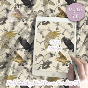 Carta digitale con gufi - Modello di servizio postale senza soluzione di continuità, tessuto con gufo portafortuna, mondo magico dell'immaginazione, carta per scrapbooking stampabile da scaricare