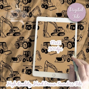 Construction Trucks Digital Paper - Seamless Tractor Pattern, Caution, dump truck, back hoe, dig Fabric, Printable Scrapbook paper download