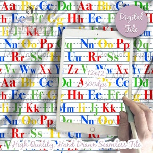 May include: A seamless digital paper pattern featuring a white background with blue lines and colorful letters of the alphabet. The letters are in a handwritten style and are arranged in rows. The text "Digital File" and "High Quality, Hand Drawn Seamless File" are also included in the image.