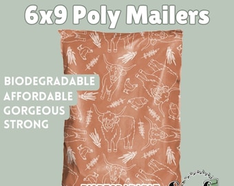 Poly Mailers 6x9, poly bags, shipping bags for small business, cow print poly mailer, boho western poly mailers, eco-friendly polymailers