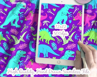 Dinosaur Colorful Digital Paper - Neon Seamless cute Dino Pattern, green girl Fabric, Printable Scrapbook paper download