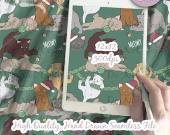Diseño sin costuras de gatos navideños - Tela de gatos - Papel para scrapbooking - Gatito de Papá Noel, Diseño digital de gatitos con guirnalda