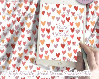 Watercolor Hearts Digital Paper - Seamless Valentine Pattern, Custom Heart Valentine Fabric, Printable Scrapbook paper download