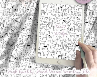May include: A digital file of a seamless pattern featuring hand-drawn black and white illustrations of various dog breeds. The pattern is displayed on a tablet screen with the text "12x12 300dpi" and "High Quality Hand Drawn Seamless File".
